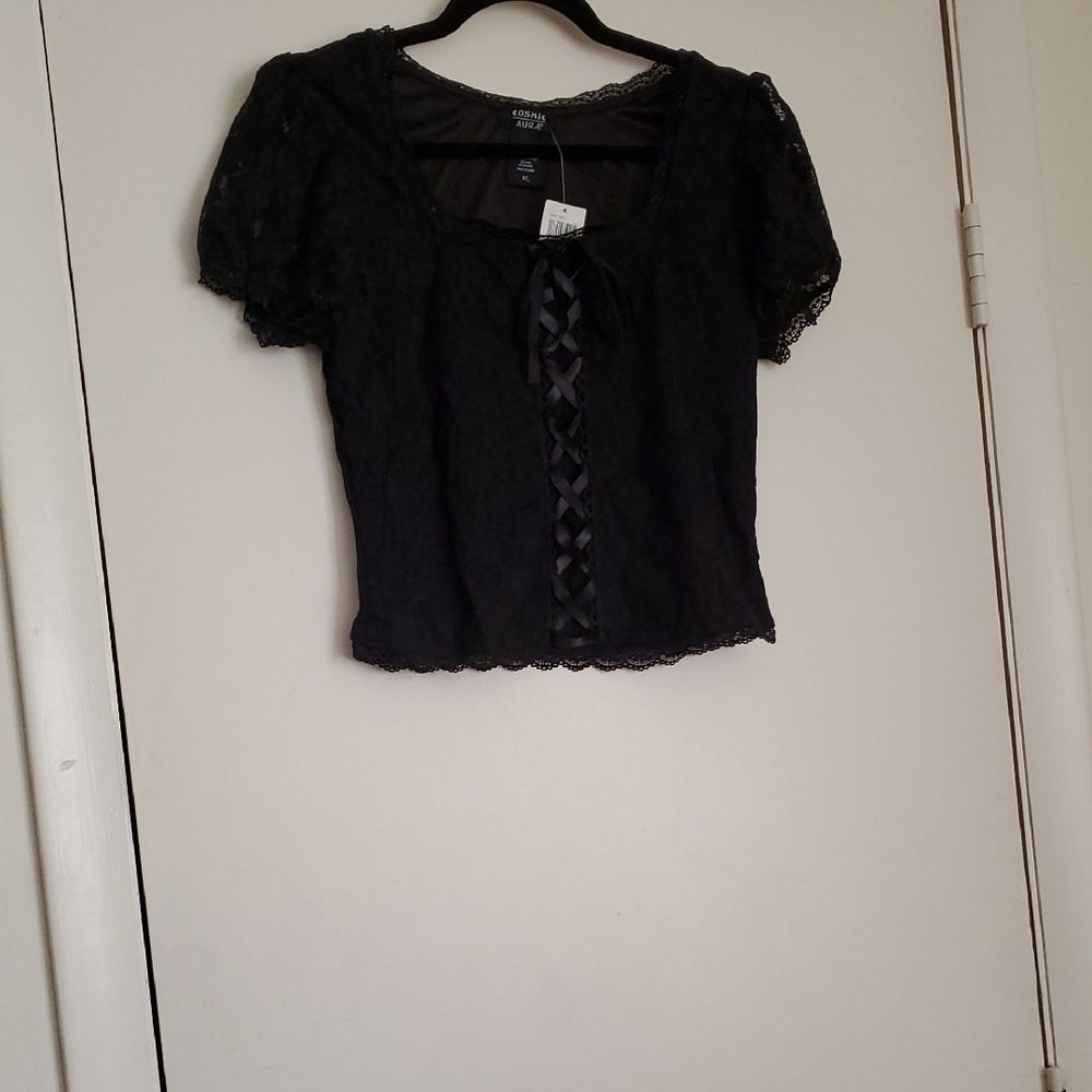 *NWT* Cosmic Aura Elegant Black Lace-up Ribbon Crop Top